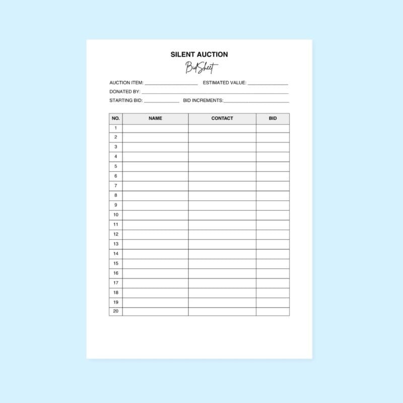 “editable silent auction sign up sheet template fundraiser
