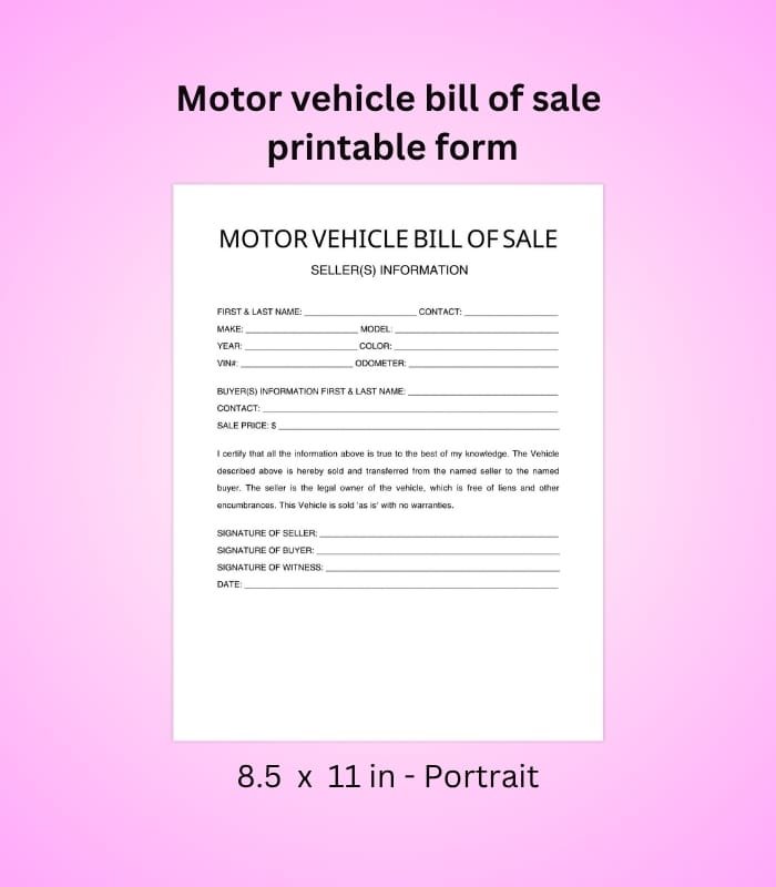 printable form motor vehicle bill of sale