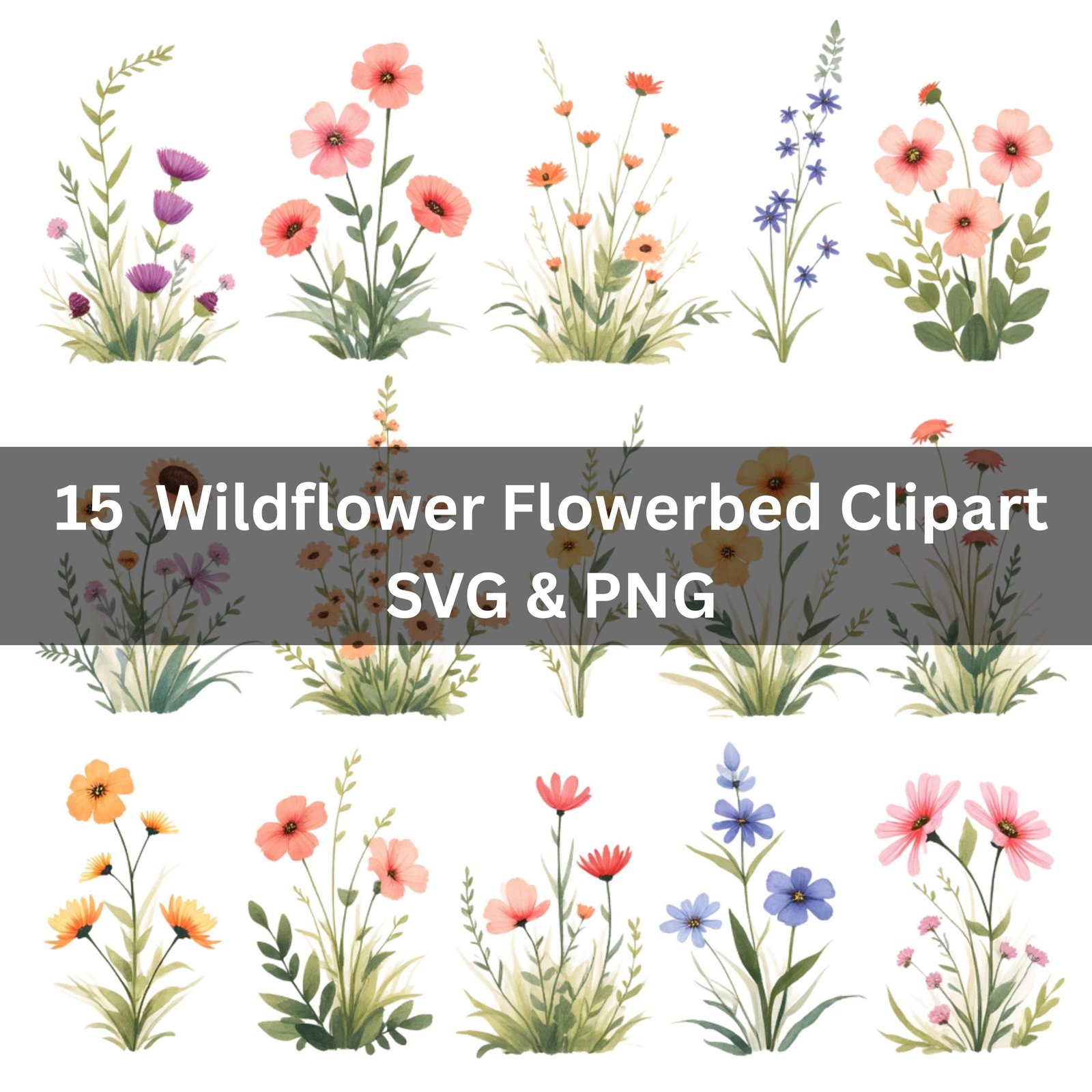 15 unique high-resolution wildflower illustrations Our 15 PNG Wildflower Flowerbed Clipart Set – Watercolour Printable Graphics brings a fresh burst of nature-inspired charm to your creative projects. Perfect for crafters, designers, and journal lovers, this beautifully hand-painted collection captures the soft, whimsical feel of real wildflower meadows. Each file in the 15 PNG Wildflower Flowerbed Clipart Set – Watercolour Printable Graphics is created at a high-resolution 5000 x 5000px and 300dpi, giving you crisp, professional-quality artwork suitable for both digital and printed use. Featuring fifteen unique arrangements of watercolour wildflowers—ranging from delicate blues and warm yellows to soft pinks and vibrant oranges—this set is ideal for scrapbooking, card-making, wall art, planners, invitations, branding, and more. The transparent PNG format ensures effortless layering, letting you drop each floral cluster seamlessly into any design without fuss. Whether you're crafting personalised stationery or building a cohesive botanical theme for your small business, this versatile clipart collection offers a blend of rustic charm and modern elegance. Each illustration has been carefully crafted to retain the subtle texture and softness of traditional watercolour painting, giving your work an authentic, artisanal feel. As a digital download, these files are available instantly—no waiting, no postage, just creativity ready to bloom. Add a touch of meadow magic to your next project with the 15 PNG Wildflower Flowerbed Clipart Set – Watercolour Printable Graphics, your new go-to floral resource for stunning visuals and effortless design.