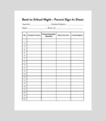 Printable Back to School Night sign-in sheet (8.5×11 PDF) – editable Canva design with fields for student and parent details.