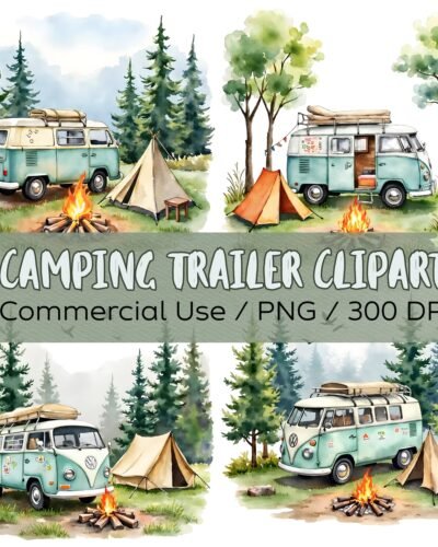Camping Trailer Clipart Set – Watercolour Camper Van PNGs