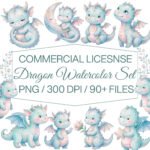 Watercolor Baby Dragon Clipart PNG Set for Nursery