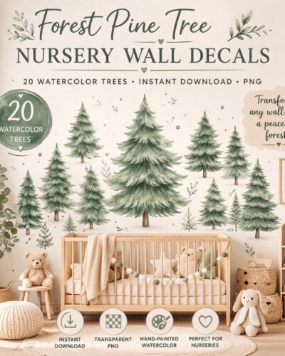 Watercolor Pine Tree Clipart PNG Bundle, Evergreen Forest Clip Art, Woodland Graphics Set, Transparent Background, Instant Download