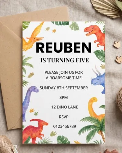 Watercolour Dinosaur Invitations 4x6 Kids Party Canva Editable