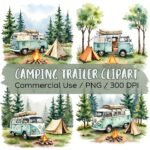 Camping Trailer Watercolor Clipart PNG Set