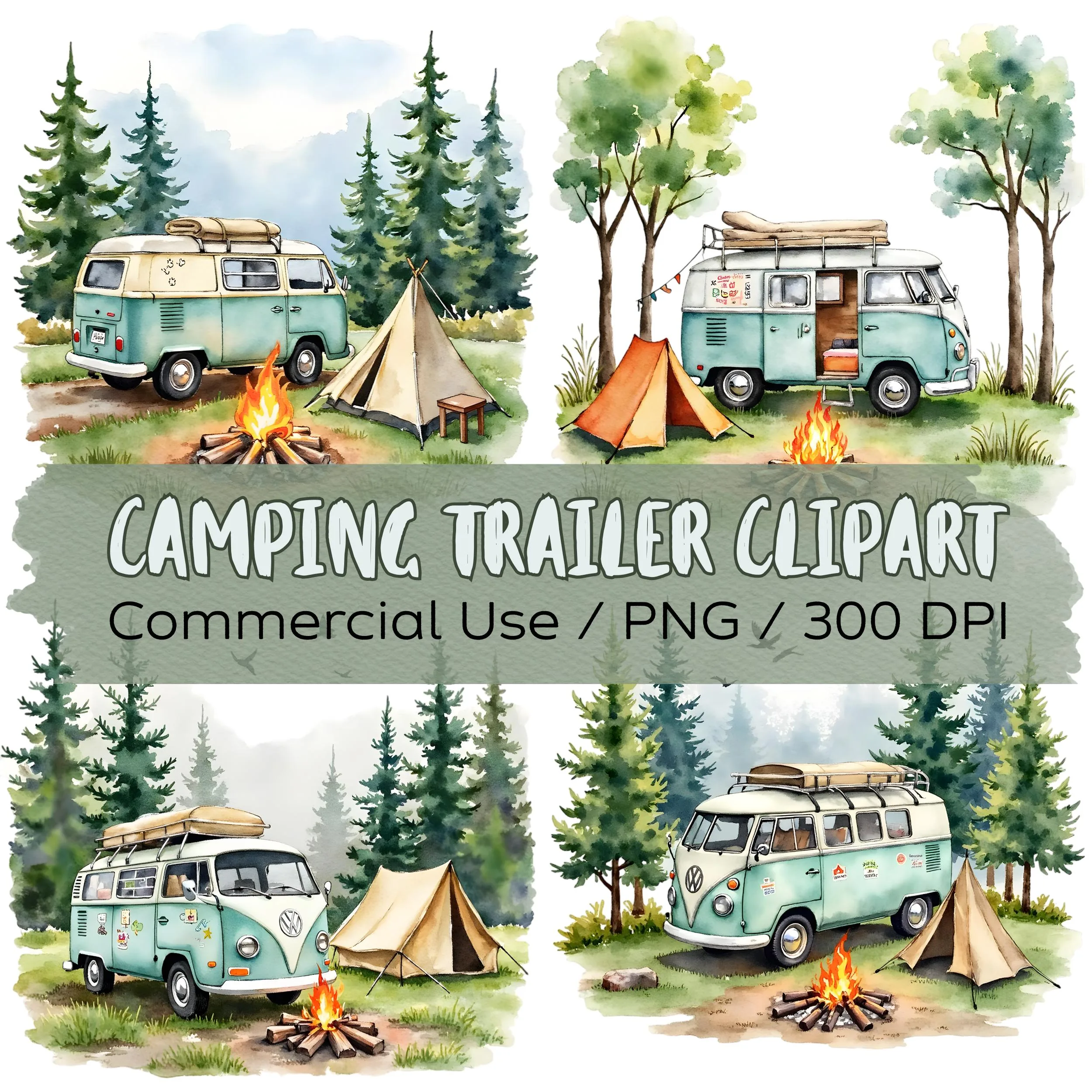 Camping Trailer Watercolor Clipart PNG Set Camping Trailer Watercolor Clipart PNG Set - Image 1