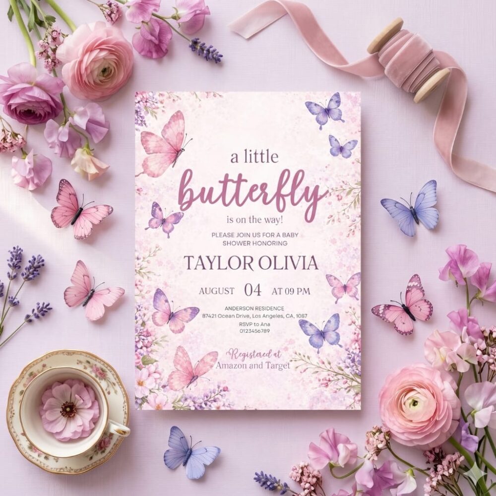Butterfly baby shower invitation pink and purple editable template for girl