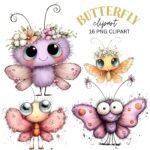 Cartoon Butterfly Flower Clipart PNG Bundle