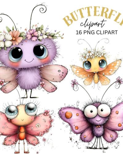 Cartoon Butterfly Flower Clipart PNG Bundle