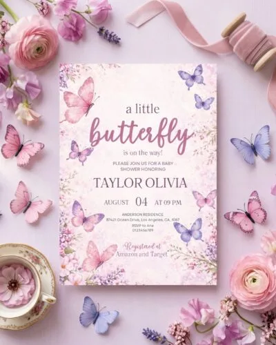 Butterfly baby shower invitation pink and purple editable template for girl