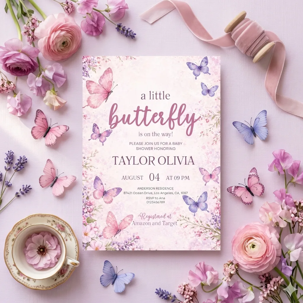 Butterfly Baby Shower Invitation Pink & Purple Canva Template Butterfly baby shower invitation pink and purple editable template for girl