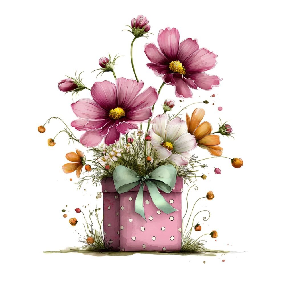 Flowers in Gift Box Clipart PNG Bundle – Watercolor Floral Gift Box Images, Transparent Background Digital Download - Image 5