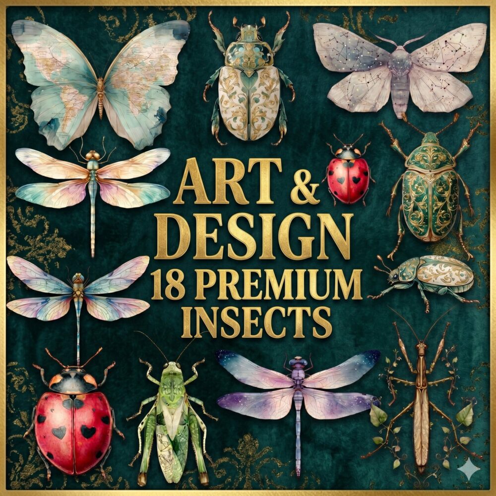 18 Premium Insects Clipart thumbnail showing various watercolor butterflies and ornate gold beetles.