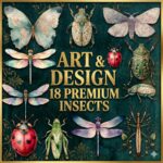 18 Premium Insects Clipart thumbnail showing various watercolor butterflies and ornate gold beetles.