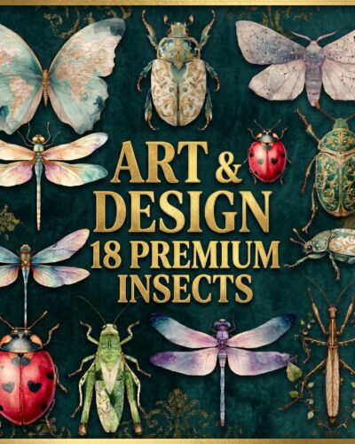 18 Premium Insects Clipart thumbnail showing various watercolor butterflies and ornate gold beetles.