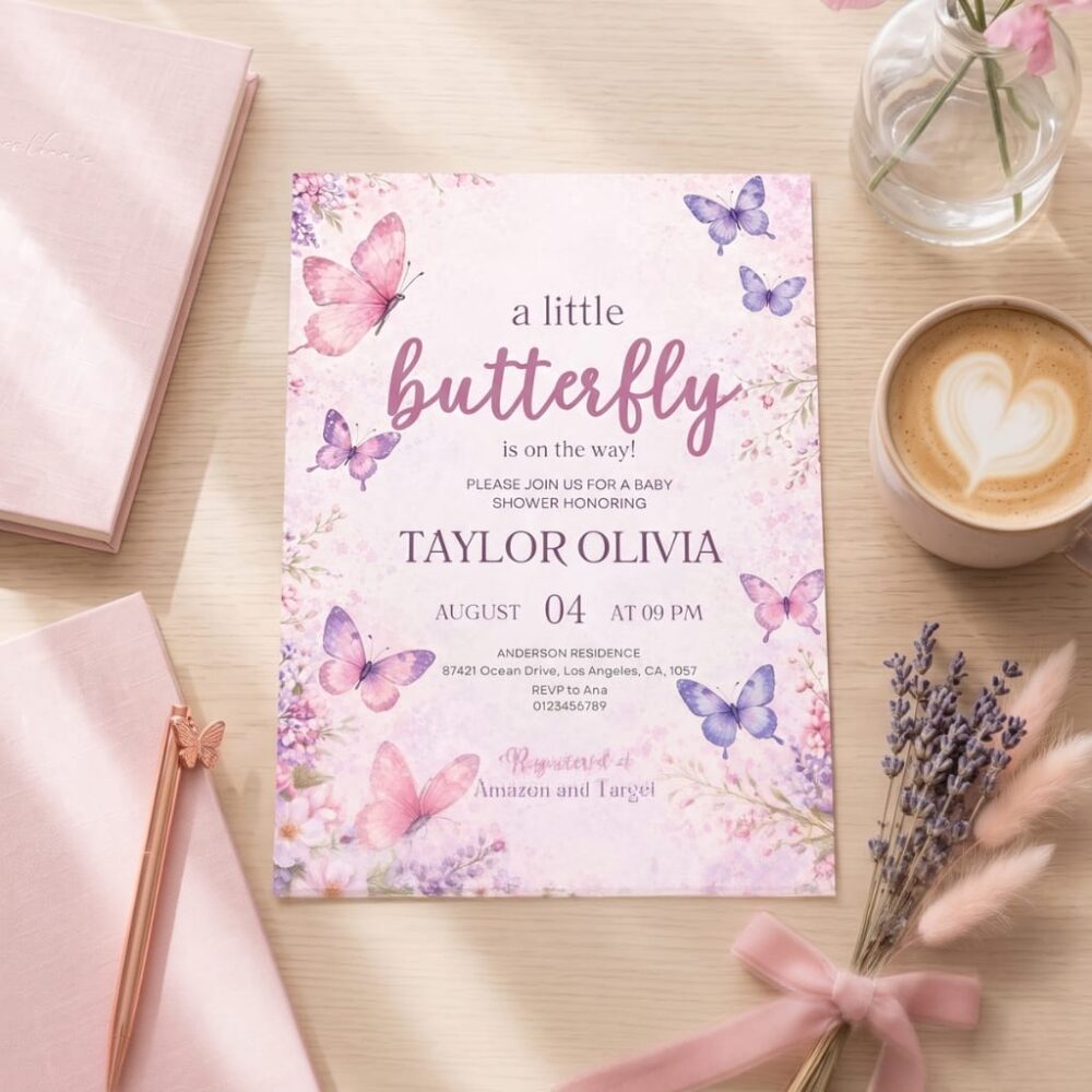 Editable girl butterfly baby shower invite soft pink purple design