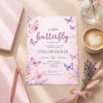 Editable girl butterfly baby shower invite soft pink purple design