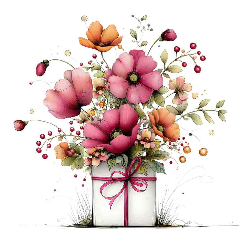 Flowers in Gift Box Clipart PNG Bundle – Watercolor Floral Gift Box Images, Transparent Background Digital Download - Image 2