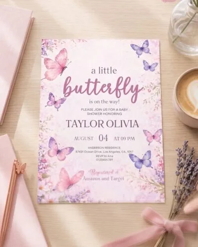 Editable girl butterfly baby shower invite soft pink purple design