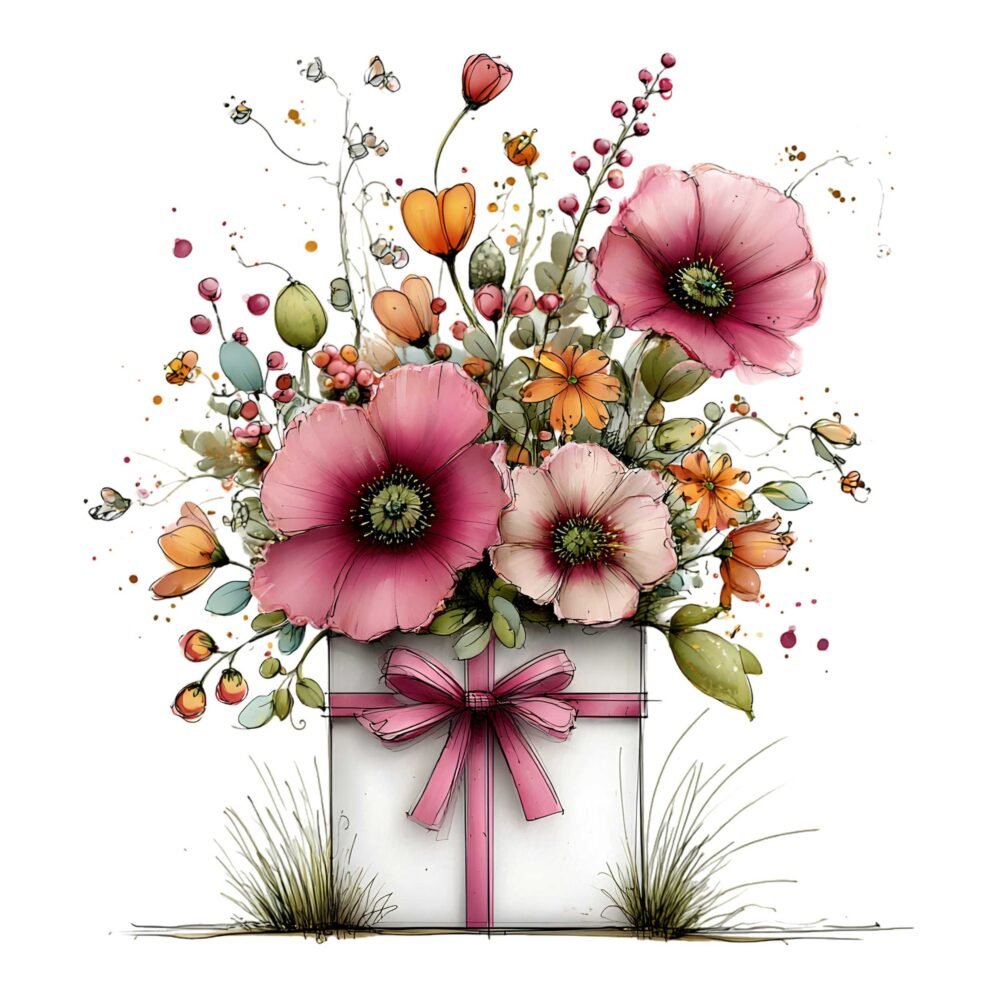 Flowers in Gift Box Clipart PNG Bundle – Watercolor Floral Gift Box Images, Transparent Background Digital Download - Image 7