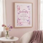 Pink and purple baby shower invitation template butterfly theme 5x7