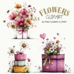 Flowers in Gift Box Clipart PNG Bundle – Watercolor Floral Gift Box Images, Transparent Background Digital Download