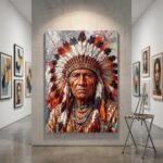 Native American chief art print with feather headdress, bold colourful wall art 24x36