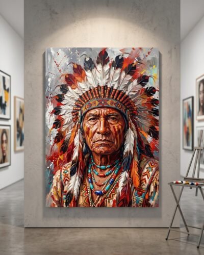 Native American chief art print with feather headdress, bold colourful wall art 24x36