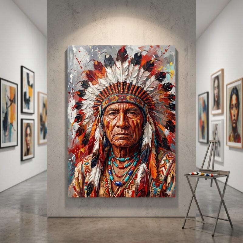 Native American chief art print with feather headdress, bold colourful wall art 24x36