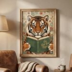 Tiger reading print featuring a humorous bookworm tiger illustration for motivational wall art