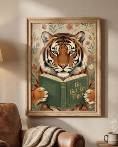 Tiger reading print featuring a humorous bookworm tiger illustration for motivational wall art