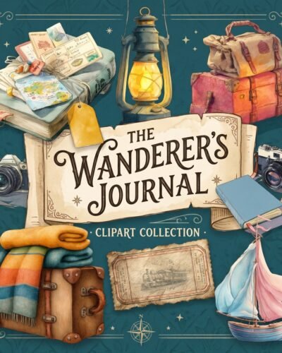The Wanderer's Journal vintage travel clipart png bundle with watercolor suitcases, lantern, and maps.