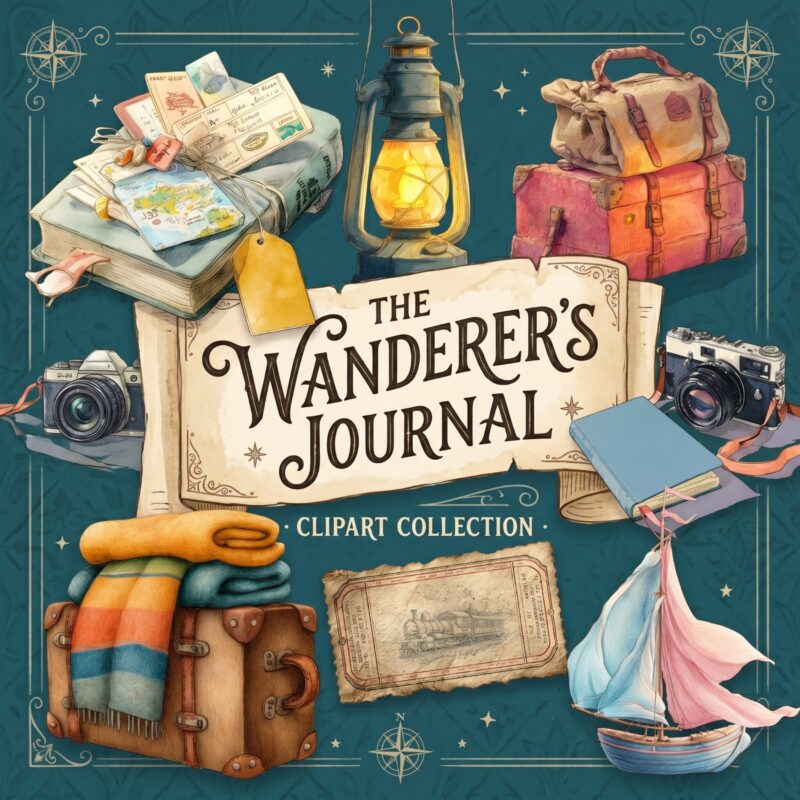 The Wanderer's Journal vintage travel clipart png bundle with watercolor suitcases, lantern, and maps.