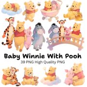 Cute watercolor Pooh bear clipart bundle featuring honey bear and woodland friends with pastel PNG graphics, nursery illustrations, and digital papers.