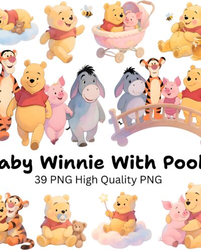 Cute watercolor Pooh bear clipart bundle featuring honey bear and woodland friends with pastel PNG graphics, nursery illustrations, and digital papers.