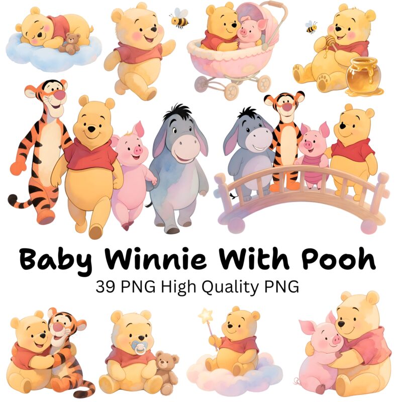 Cute watercolor Pooh bear clipart bundle featuring honey bear and woodland friends with pastel PNG graphics, nursery illustrations, and digital papers.