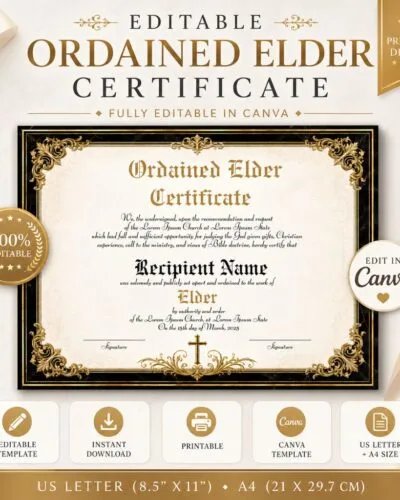 Editable Ordained Elder Certificate Template Printable Church Ordination Certificate