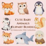 Premium watercolor baby animals clipart bundle featuring cute nursery safari and woodland animal PNG files.