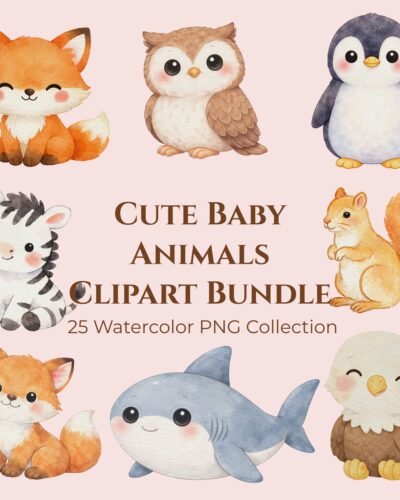 Premium watercolor baby animals clipart bundle featuring cute nursery safari and woodland animal PNG files.