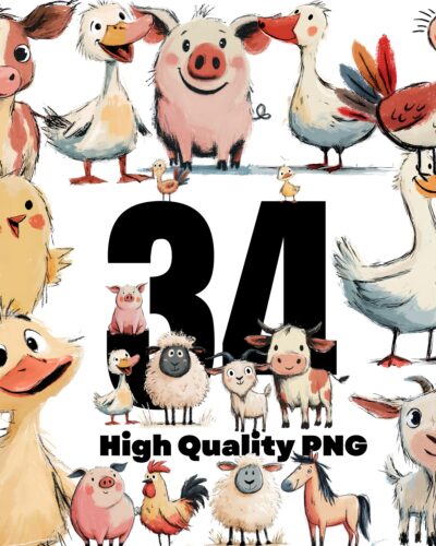 Cute Farm Animals Clipart PNG Bundle