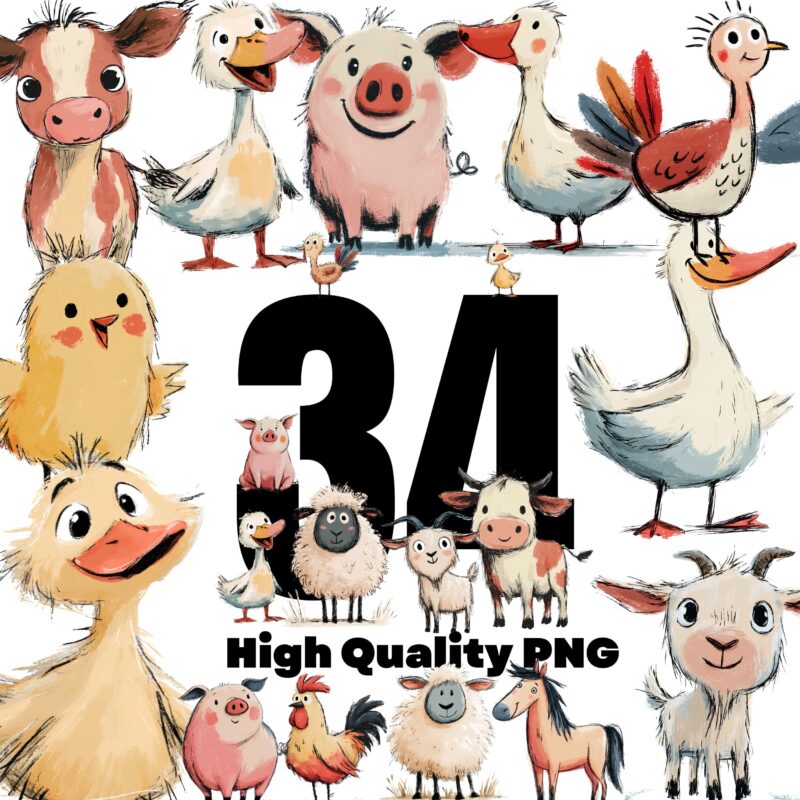 Cute Farm Animals Clipart PNG Bundle