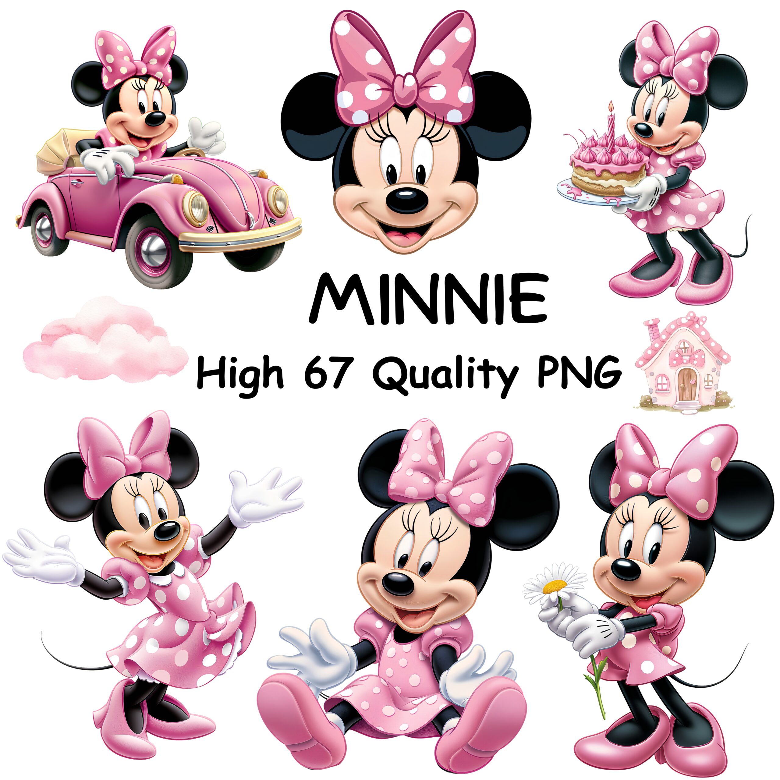 Watercolor Pink Minnie Mouse Clipart & Digital Paper PNG Bundle watercolor pink mouse clipart for birthday invitations