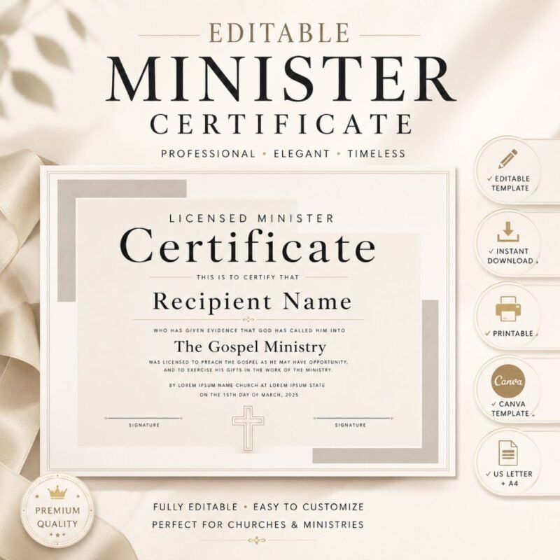 Licensed Minister Certificate Template Editable Printable License To Preach Certificate