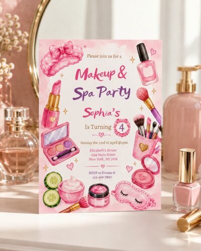 Pink makeup spa party invitation for girls birthday