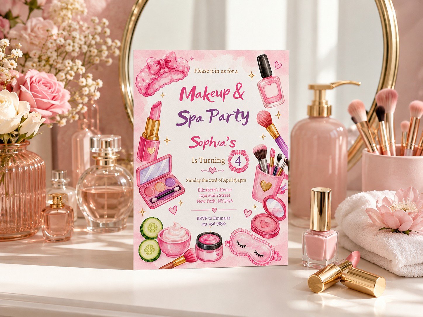 Pink makeup spa party invitation for girls birthday Pink makeup spa party invitation for girls birthday