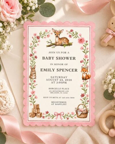 Pink Woodland Baby Shower Invitation Template – product image 2
