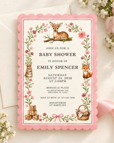 Pink Woodland Baby Shower Invitation Template – main product image