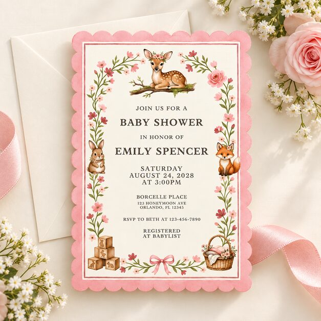 Pink Woodland Baby Shower Invitation Template – Main Product Image Pink Woodland Baby Shower Invitation Template – main product image