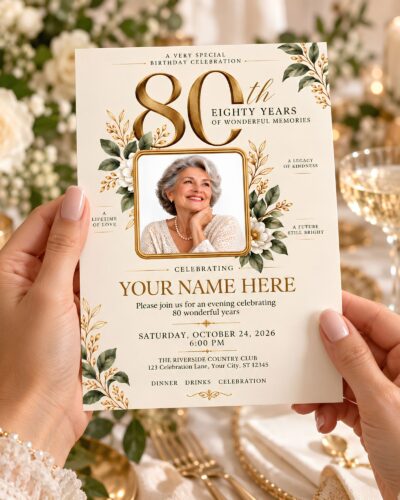 80th Birthday Photo Invitation | Elegant Vintage Canva Template – main product image