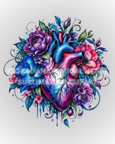 Floral Anatomical Heart Sublimation Clipart | Colorful Floral Heart PNG & JPEG | 300 DPI Digital Download – main product image